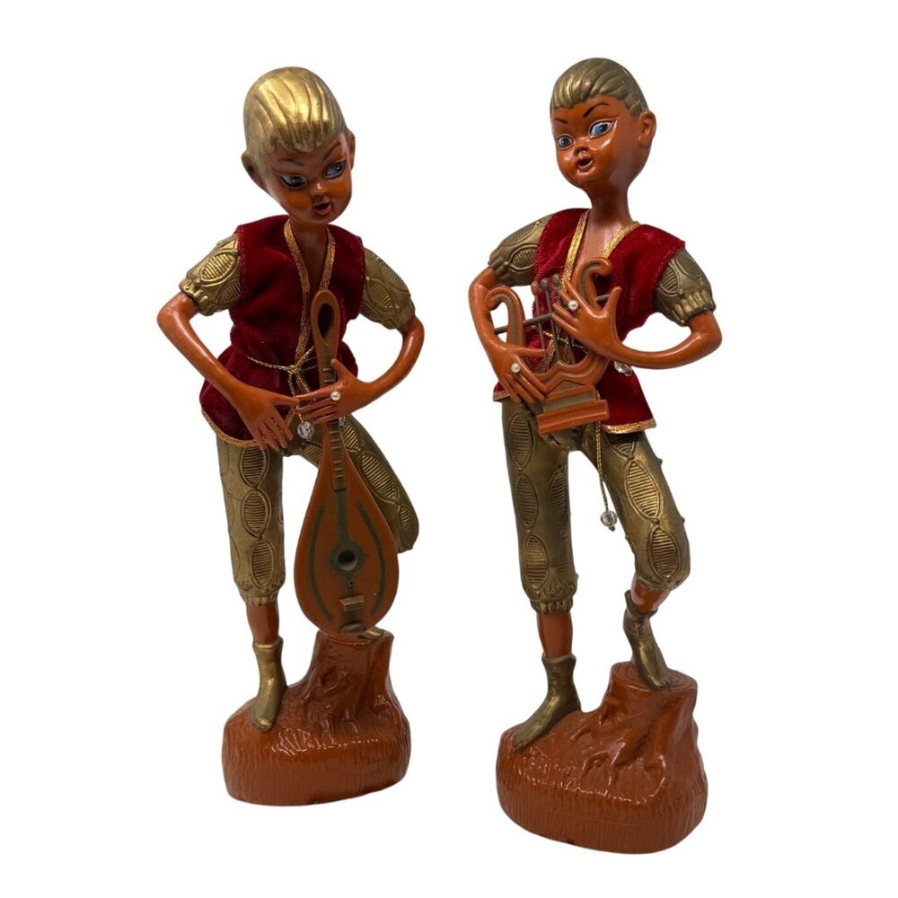Vtg Tilso? Elf Figurines Set of 2 Musicians Velvet Vests Japan Mid Century Pixie